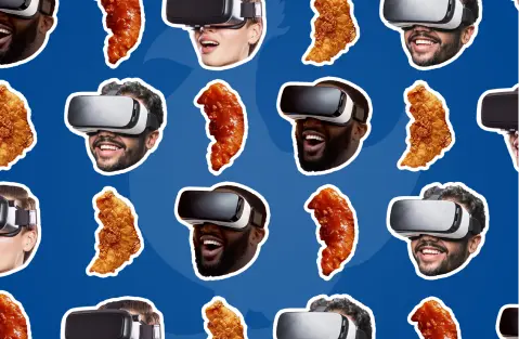 client company Zaxby's image, an alternating patter of a diverse set of people wearing VR headsets and delicious chicken tenders